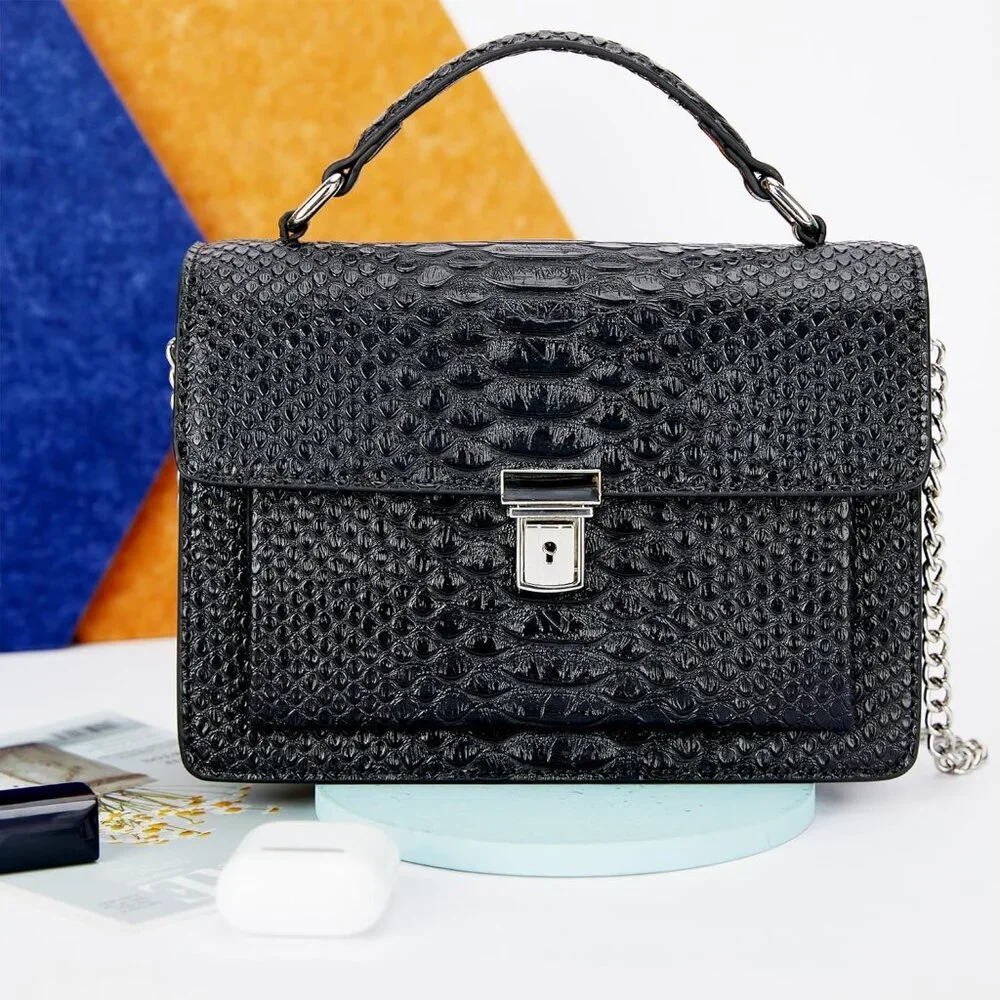 ⚡ Women's Fashion Snake Black Vegan Leather Print Casual Satchel Crossbody Bag